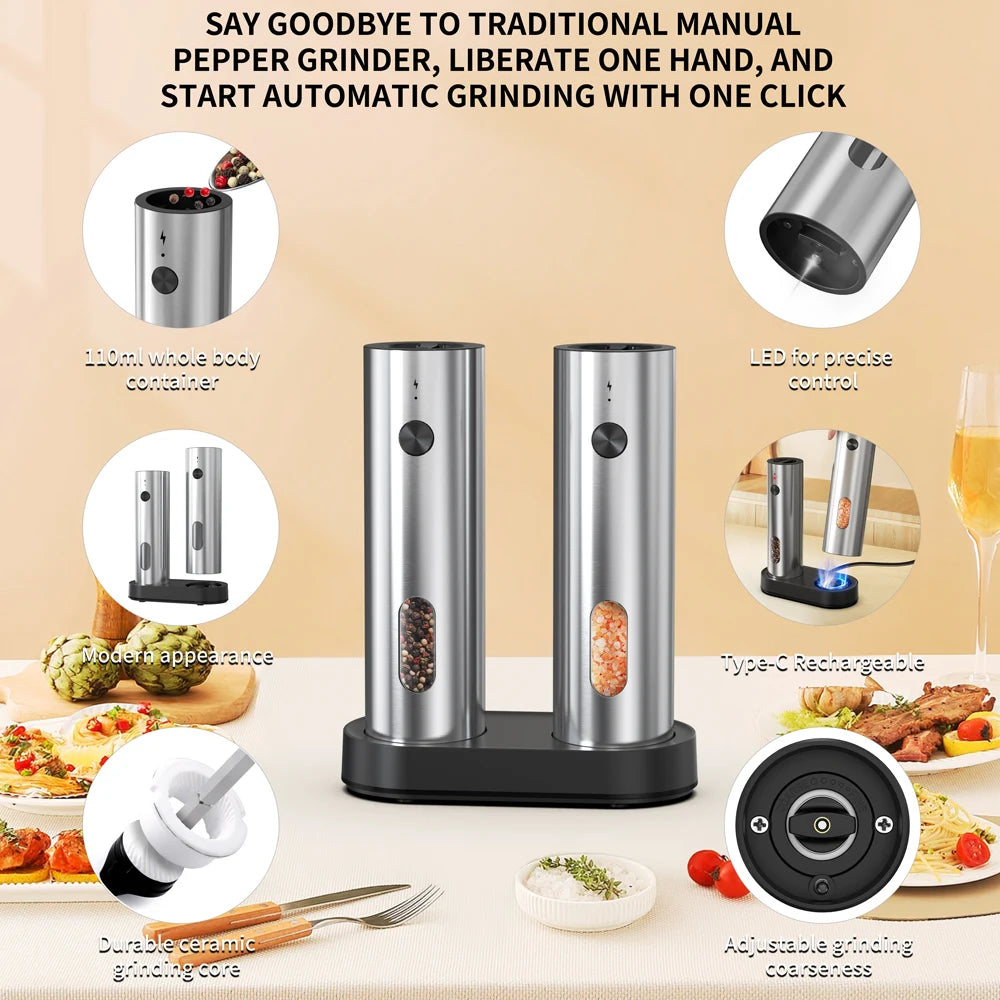 USB Rechargeable Automatic Pepper Grinder Salt And Pepper Mill Adjustable Coarseness Spice Grinder with LED Light for Kitchen