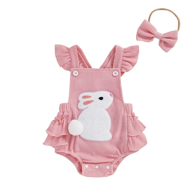 Newborn Baby Girl Easter Outfit Carrot Embroidery Romper Waffle Ruffle Bodysuit Headband Summer Outfit 0-18M