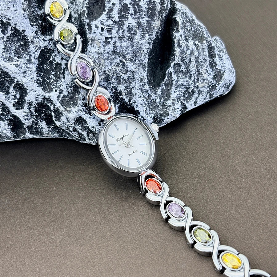 Elegant Lady's Retro round Color Gem Rainbow Quartz Watch with Chain Scale French Luxury Fashionable Ladies' Timepiece