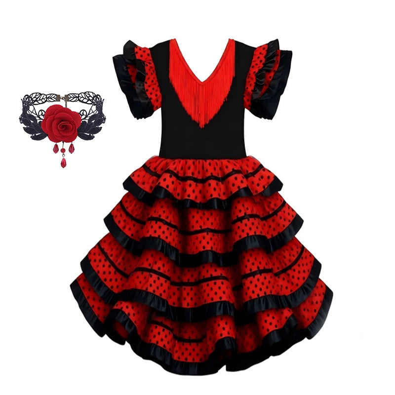 Girls Spanish Flamenco Dress Red Polka Dot Cake Puff Kids Carnival Halloween Party Stage Show Cosplay Festival Dance Costume