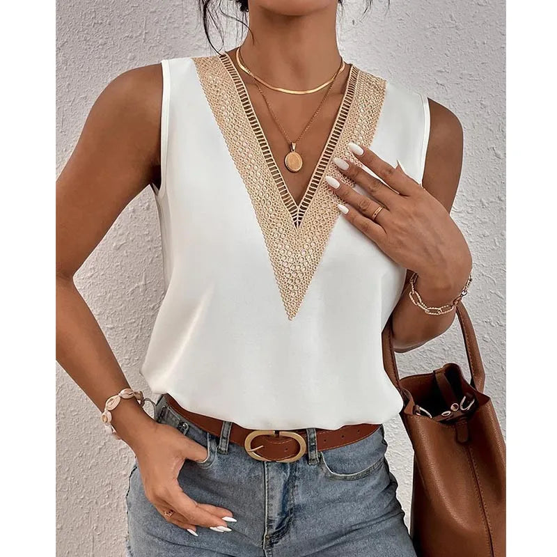 Sleeveless V-neck Lace Parchwork Blouse Women Loose Hollow Out Summer Tee Shirt Casual Streetwear Tsnk Top