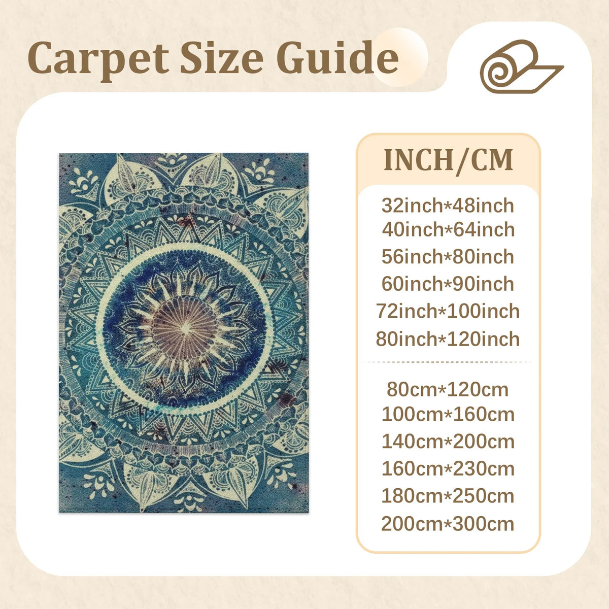 Large Indoor Area Rug, Soft Velvet Low Pile with Non-Slip Dotted Backing, Machine Washable, Blue Boho Mandala Pattern, Great for Living Room, Bedroom, Entryway Home Decor