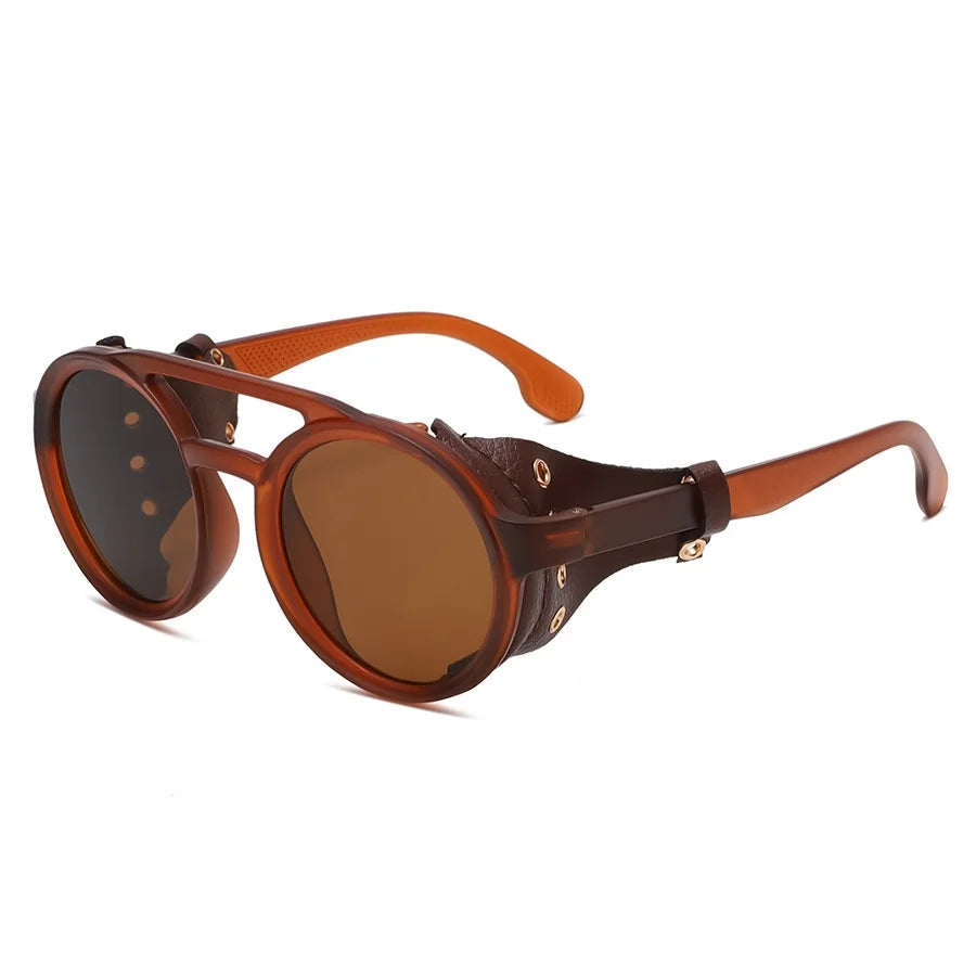 Retro Sunglasses Men Women Leather Round Glasses Vintage Goggles Anti Wind Outdoors Sports Sun Glasses UV400