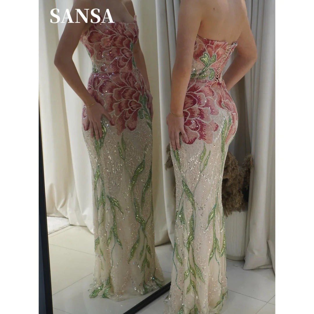 Sansa Customized Champagne Prom Dresses Elegant Strapless Floral Beaded Mermaid Lace-up Back Vestidos De Noche Floor Length Form
