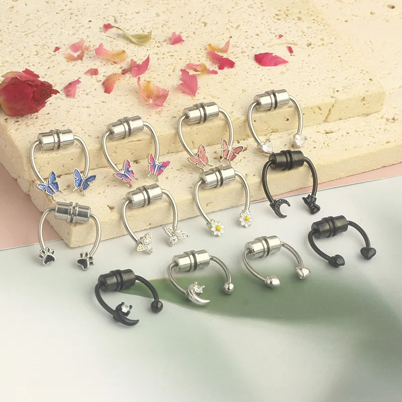 Stainless Steel Magnet Nose Piercing Heart Butterfly Fake Nose Ring 16G Horseshoe Ring Bee Nose Clip Body Jewelry for Piercings