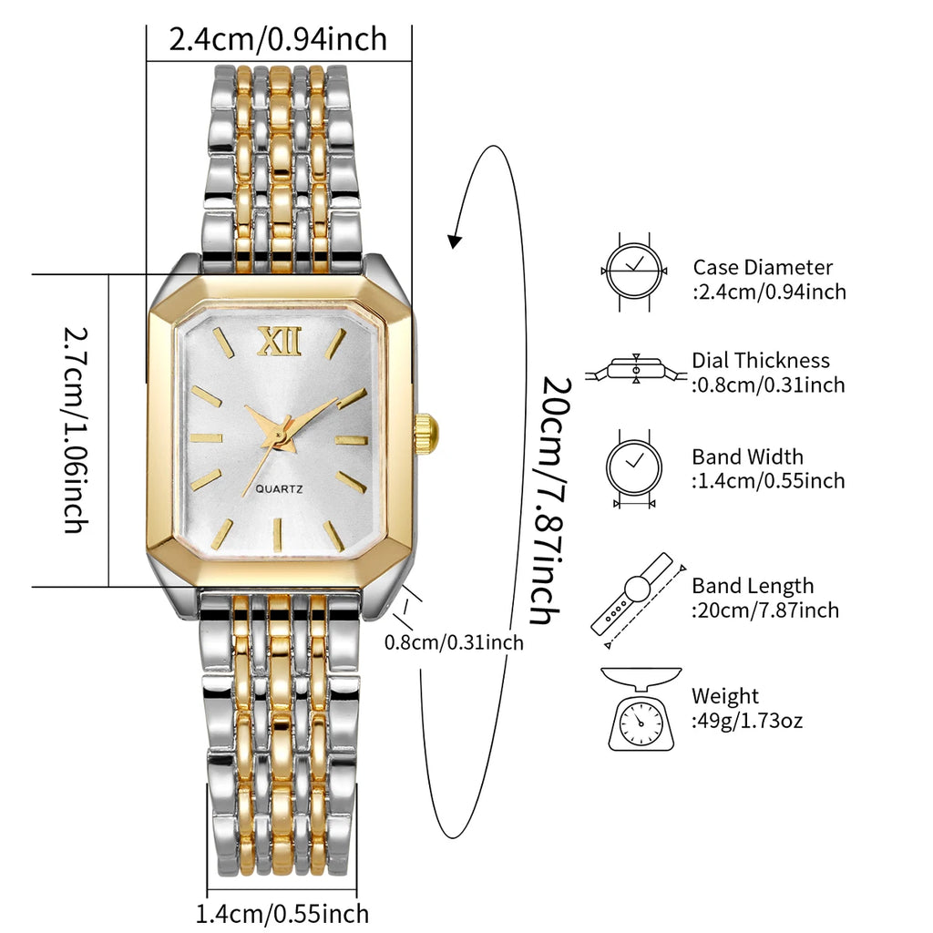 6PCS Elegant Women Rectangle Roma Dial Wristwatch Fashion Alloy Strap Quartz Watch With Diamond Heart Jewelry Set(Without Box)