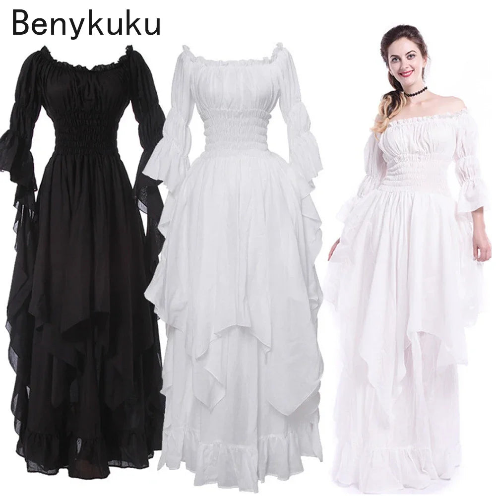 White Victorian Medieval Renaissance Long Dress Plus Size Women Cosplay Halloween Costume Princess Gown Vintage Gothic Dresses