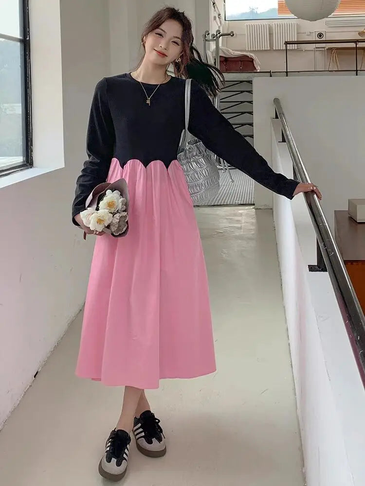 2025 French Style Pregnant Women Elegant Dress Plus Size Long Sleeve O-Neck High Waist Maternity A-Line Dress Long Loose Clothes