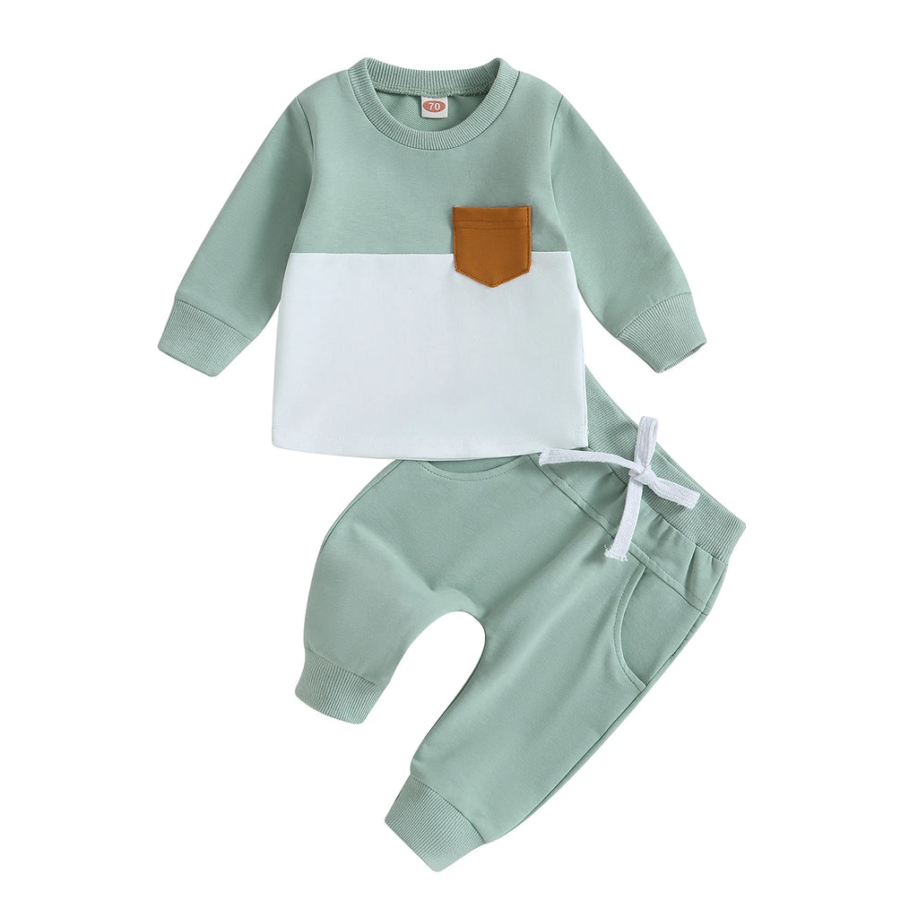 2PCS Winter Baby Tracksuit For Toddler Boys Outfits Contrast Color Long Sleeve Sweatshirts Tops Long Pants Toddler Clothes Set