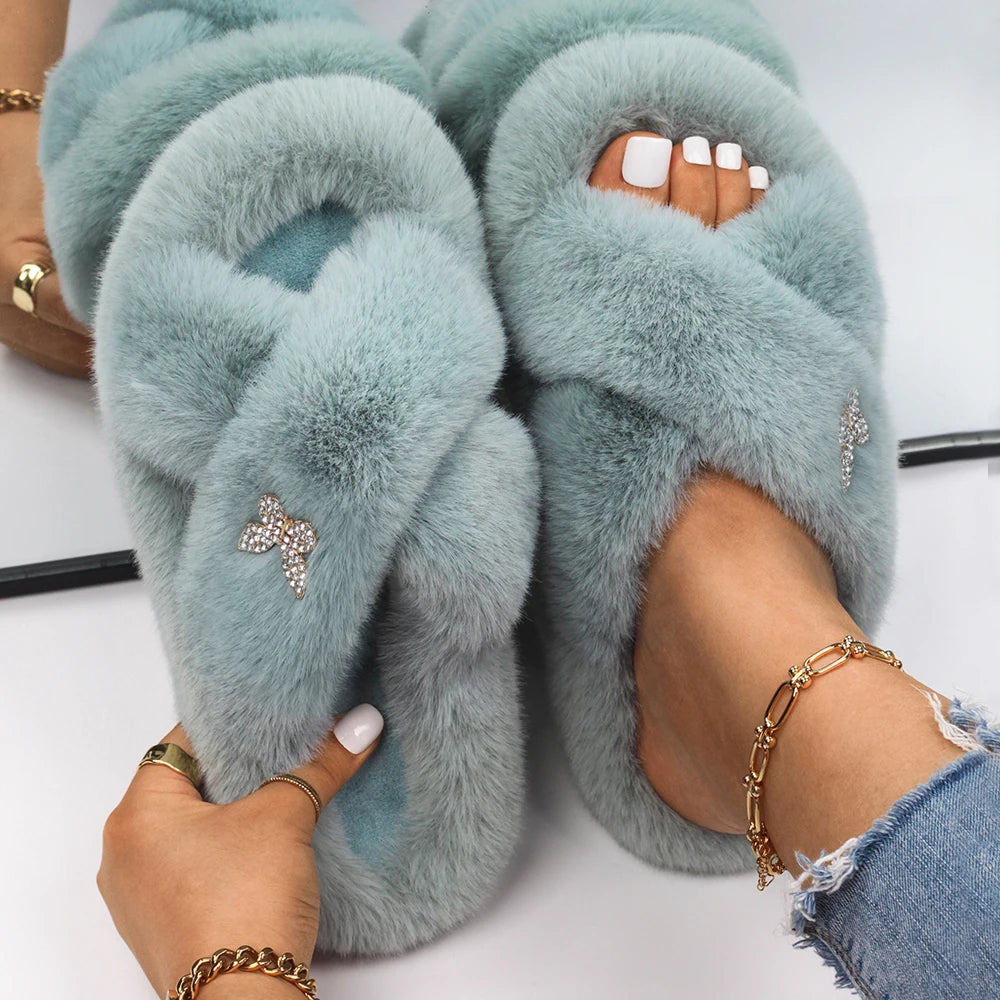 Women Furry Fur Slippers Soft Faux Fur Slides Ladies Plush House Slippers Cross Strap Open Toe Flat Sandals Fluffy Warm Shoes