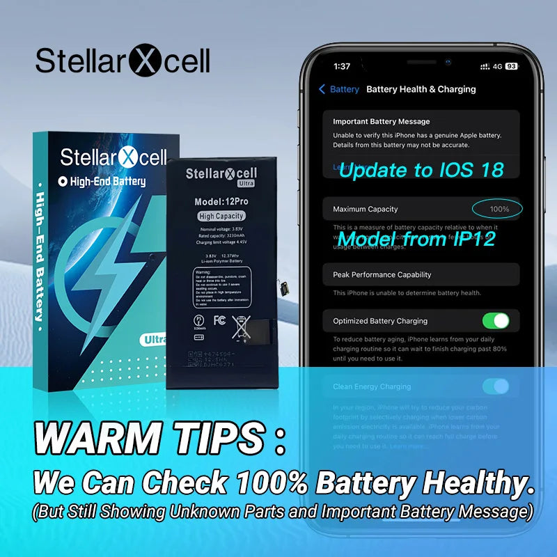 StellarXcell Ultra Original Battery High Capacity Cell for iPhone 7037 TI for 11 12 13 14 15 Pro Plus promax mini with Free Tool
