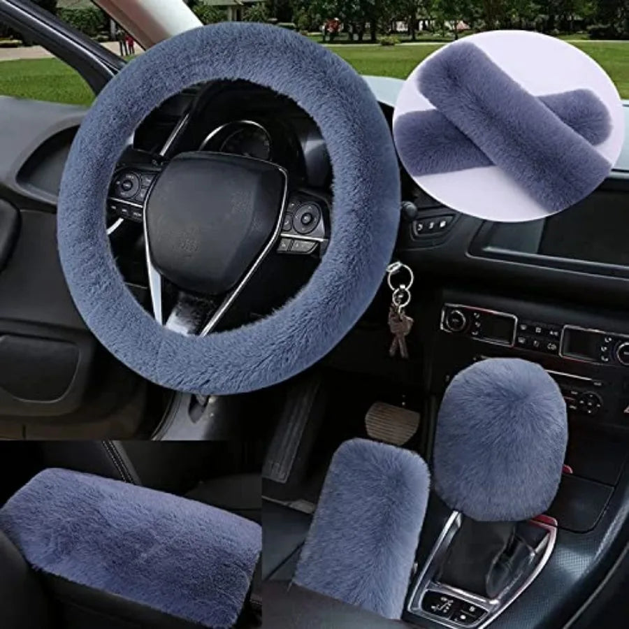 1 Set 6 Pcs Fluffy Car Steering Wheel Cover and Seat Belt Shoulder Pads and Handbrake Cover and Gear Shift Cover Set and Seat B