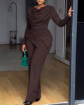 2025 Swing Collar Ruched Jumpsuit Long Sleeve Solid Elegant Office Lady Asymmetric Hem Casual Vintage Ruched Slim Autumn