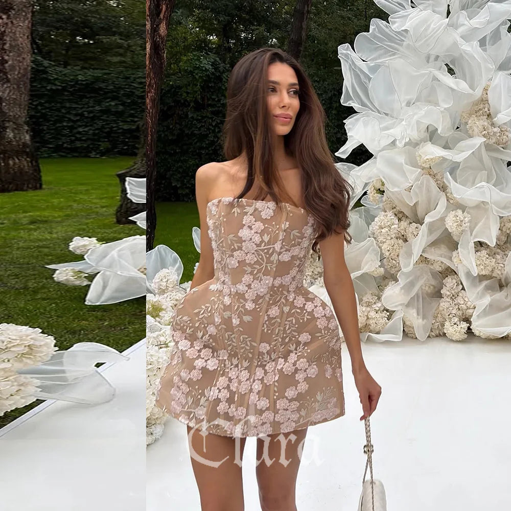 Clara Strapless Tulle Bodice Short Homecoming Dress Appliques Flowers Strapless Party Dress Above Knee Prom Dress Custom