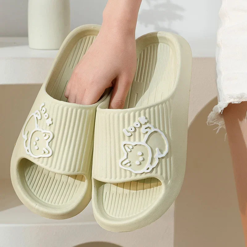 Women Slippers Bath Thick Platform Non-Slip Home Cat Cartoon Flip Flops 2023 Summer Beach Sandals Ladies Slides Indoor Shoes