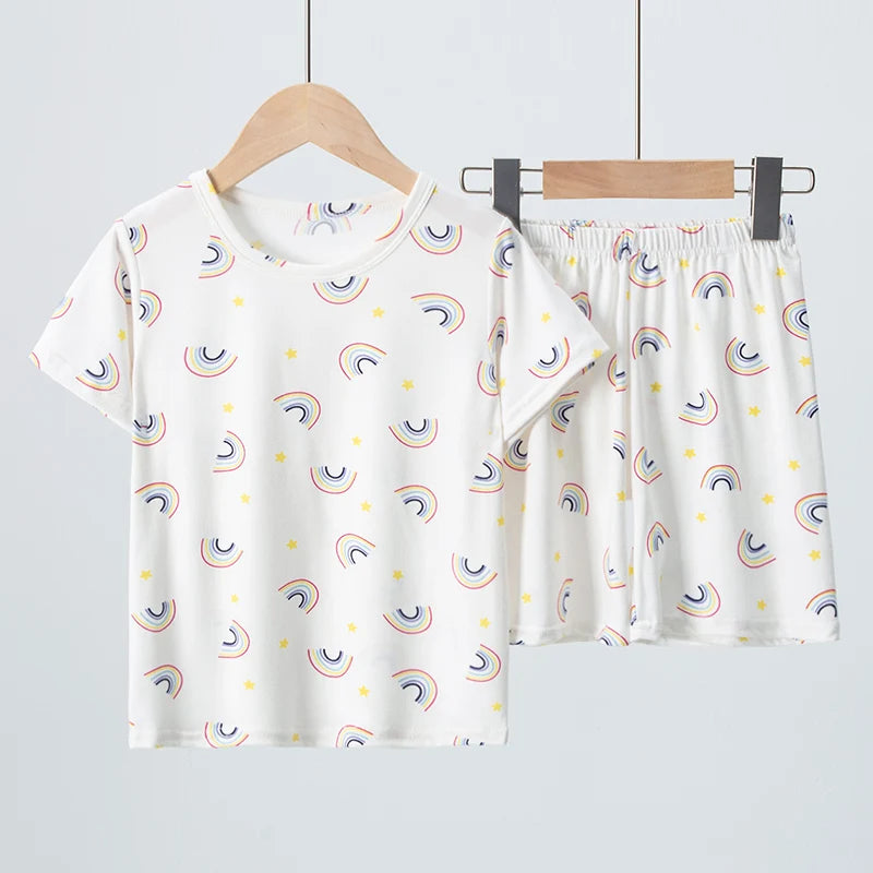 2 Pcs Children's Fun Printing Suit Boy Multicolor Dinosaur Short Sleeve Girl Sweet And Lovely Bow Comfortable Joker Shorts Suit