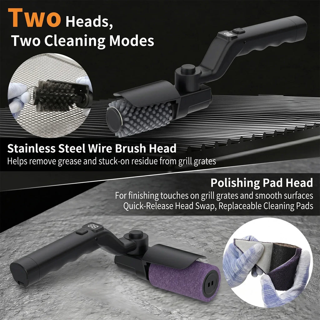 Built-in 4000mAh rechargeable battery with 3 adjustable speed modes. The rotating cleaning head delivers powerful scrubbing force to remove burnt grease, charred residue and food debris on grills without strenuous manual brus
