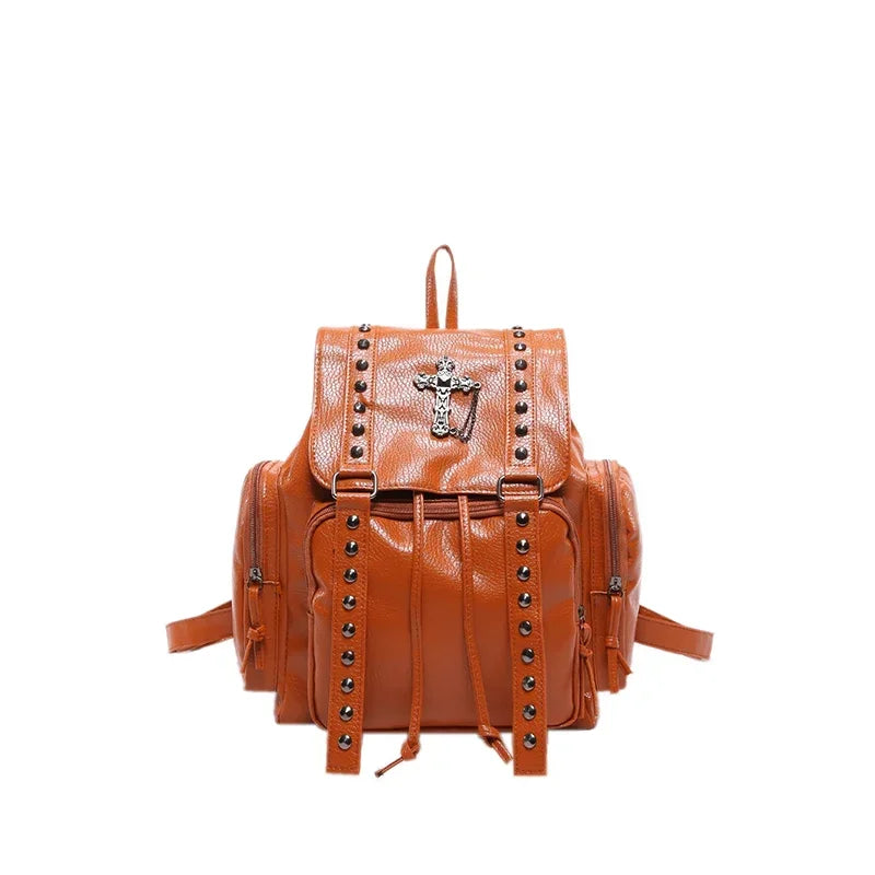 Rivet Y2K Backpack Women Gothic Punk PU Leather Shoulder Bag Ladies Vintage Harajuku Backpacks College Large Capacity School Bag