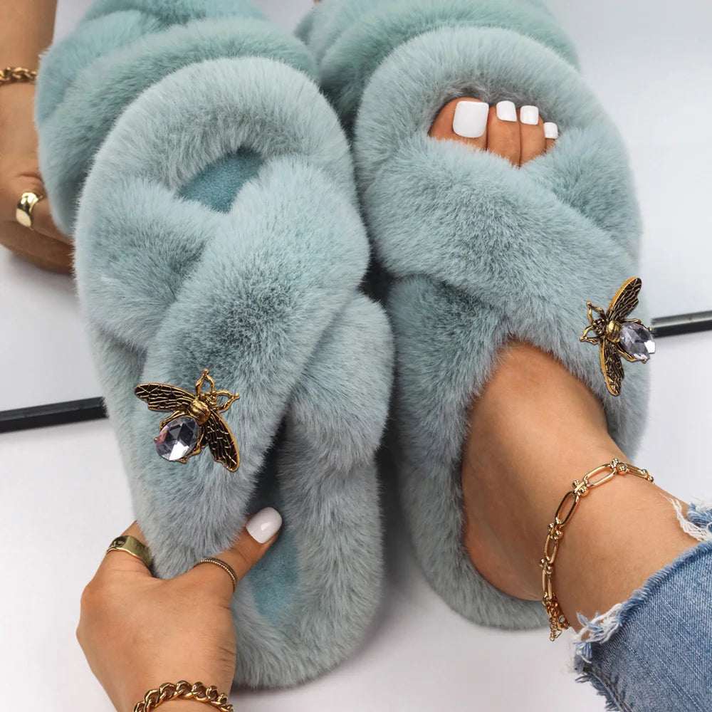 Women Furry Fur Slippers Soft Faux Fur Slides Ladies Plush House Slippers Cross Strap Open Toe Flat Sandals Fluffy Warm Shoes