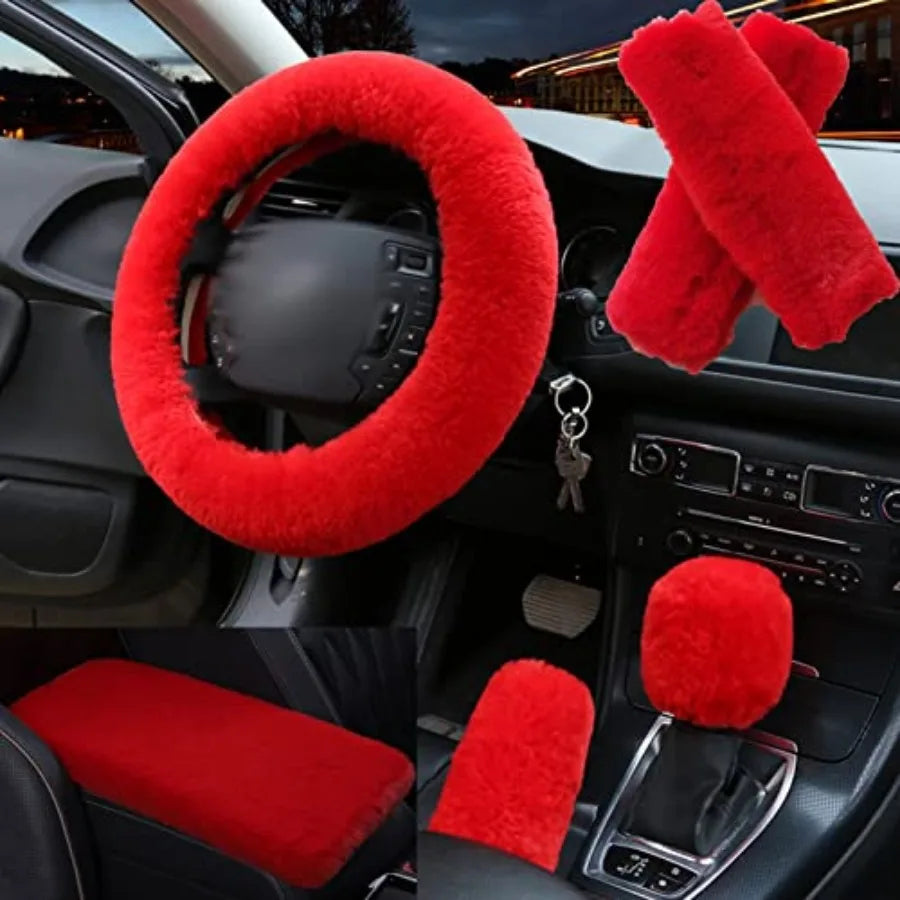 1 Set 6 Pcs Fluffy Car Steering Wheel Cover and Seat Belt Shoulder Pads and Handbrake Cover and Gear Shift Cover Set and Seat B