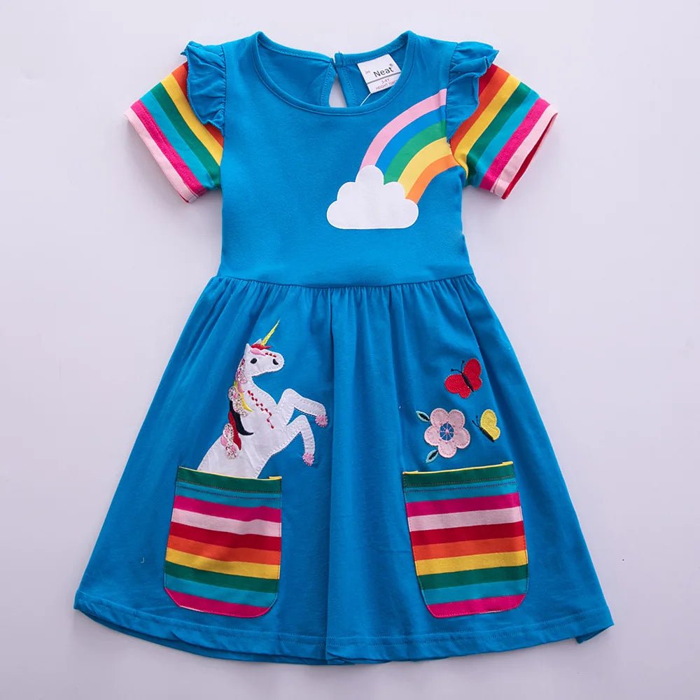 Girls' Short Sleeve Unicorn Dress New Summer Embroidered Two Pockets Rainbow Sleeve Children's SH81035