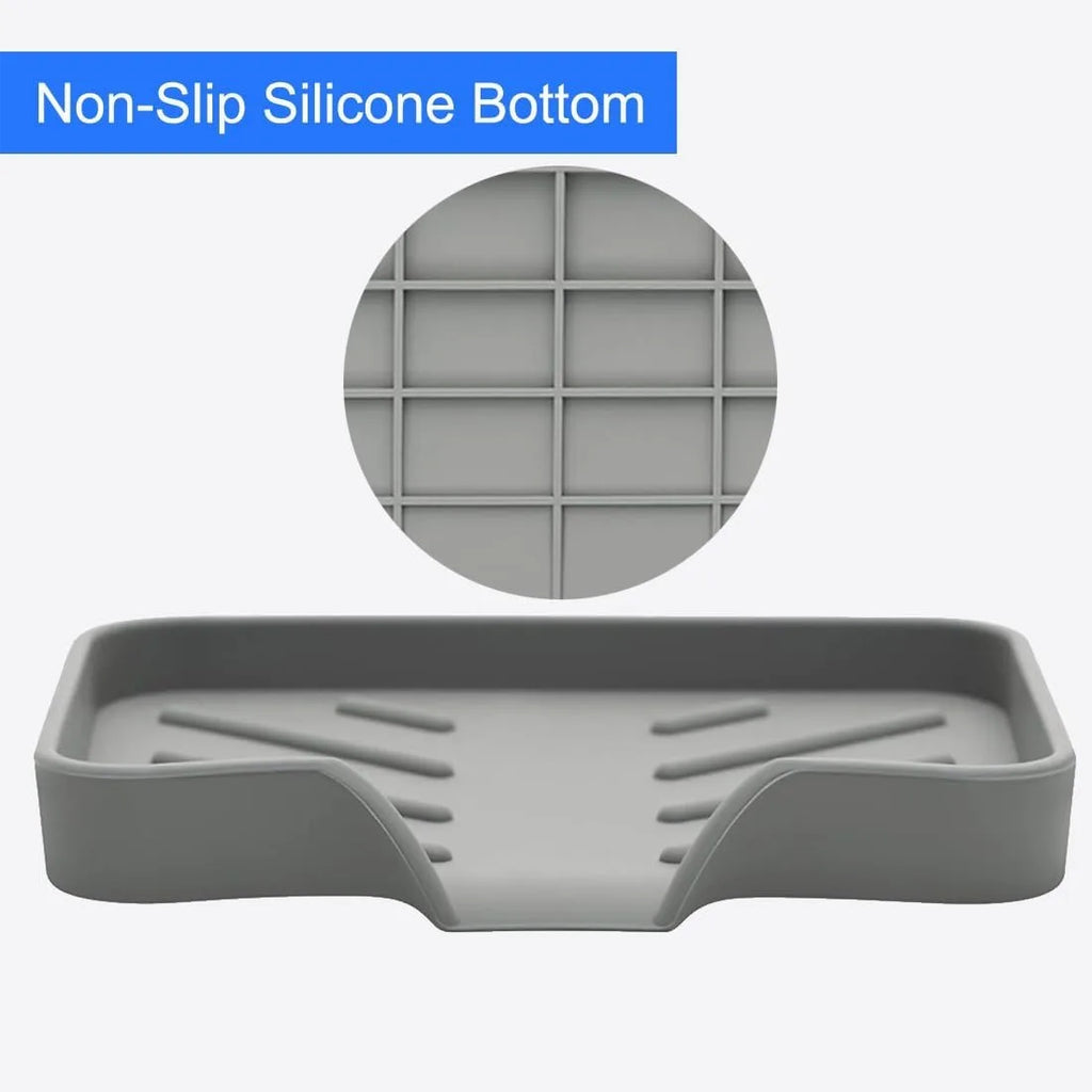 Silicone Sponge Holder with Drain Spout Kitchen Sink Sponge Tray Rubber Soap Dish for Shower Grey 9.5 X 5.9 Inch