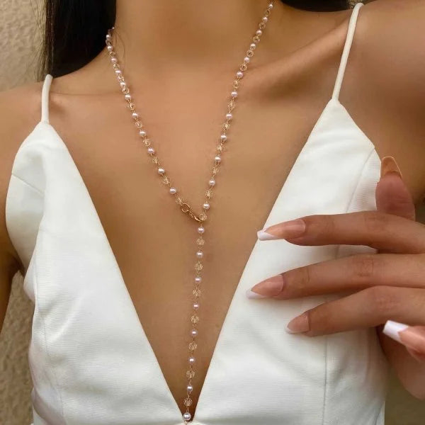 Trendy Gold Silver Color Glass Long Y-Shaped Necklace Metal Collarbone Chain Summer Holiday Party Bohemian Body Jewelry Gifts
