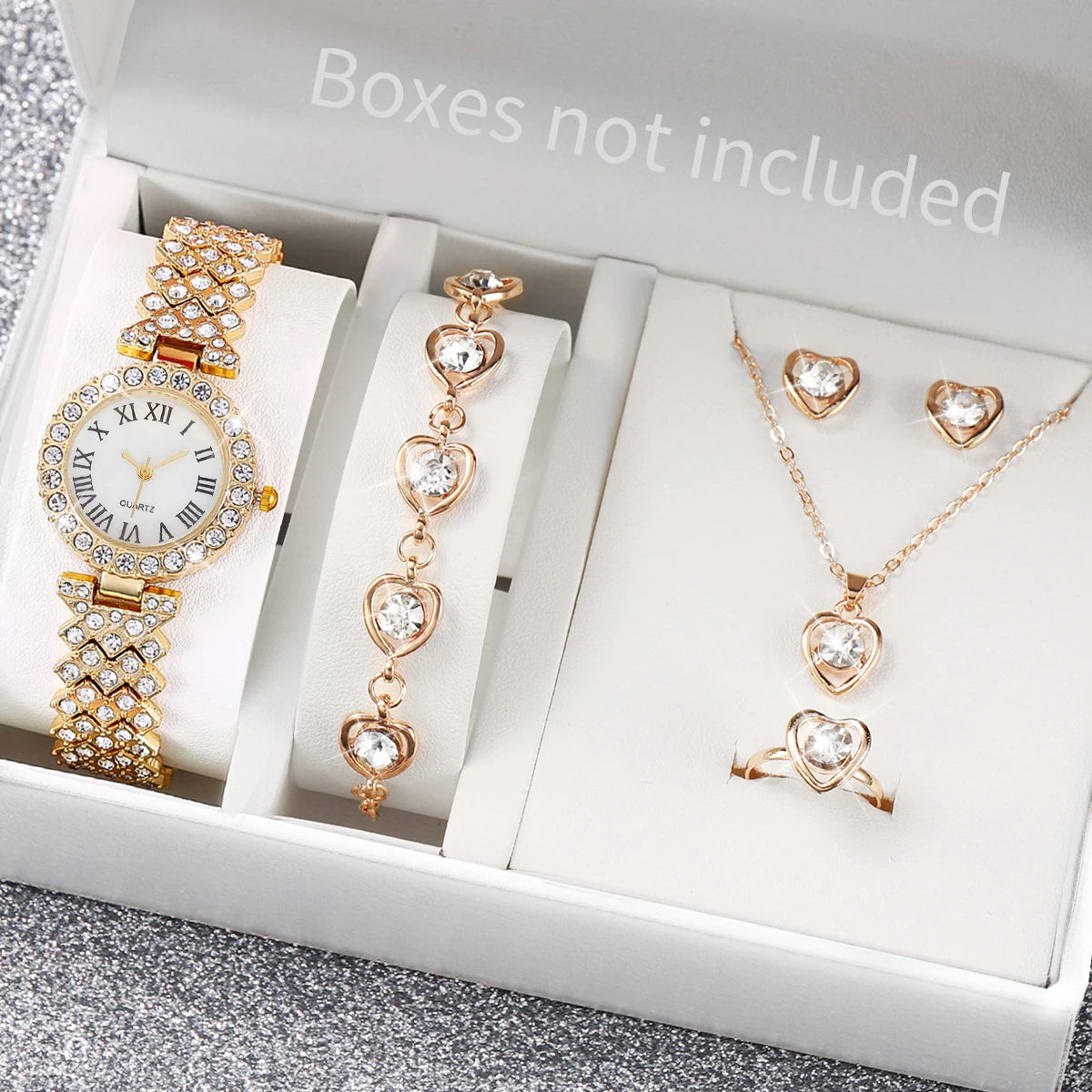 6PCS/Set Luxury Women Watches Fashion Rhinestone Roma Dial Bracelet Band Quartz Watch Jewelry Set Reloj Mujer（Without Box）
