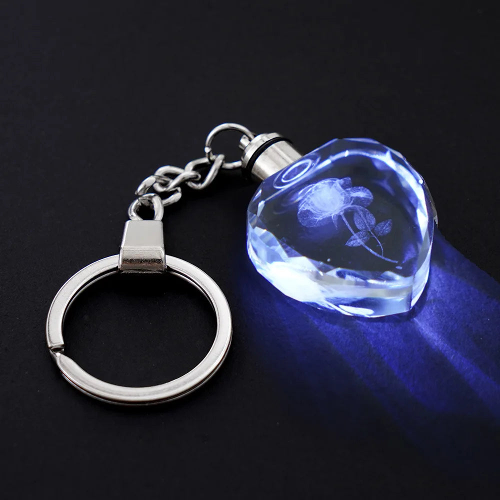 LED Light-Up Crystal Heart Keychain, 3D Rose Engraved Glowing Bag Charm, Romantic Gift for Her