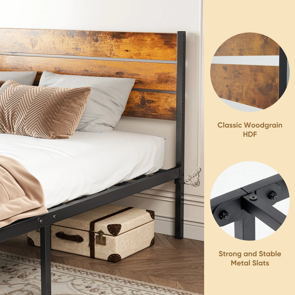 MCQ Wooden Headboard and Metal Platform Bed Frame No Box Spring Needed with 700LBS Sturdy Wooden Slats Support For Home