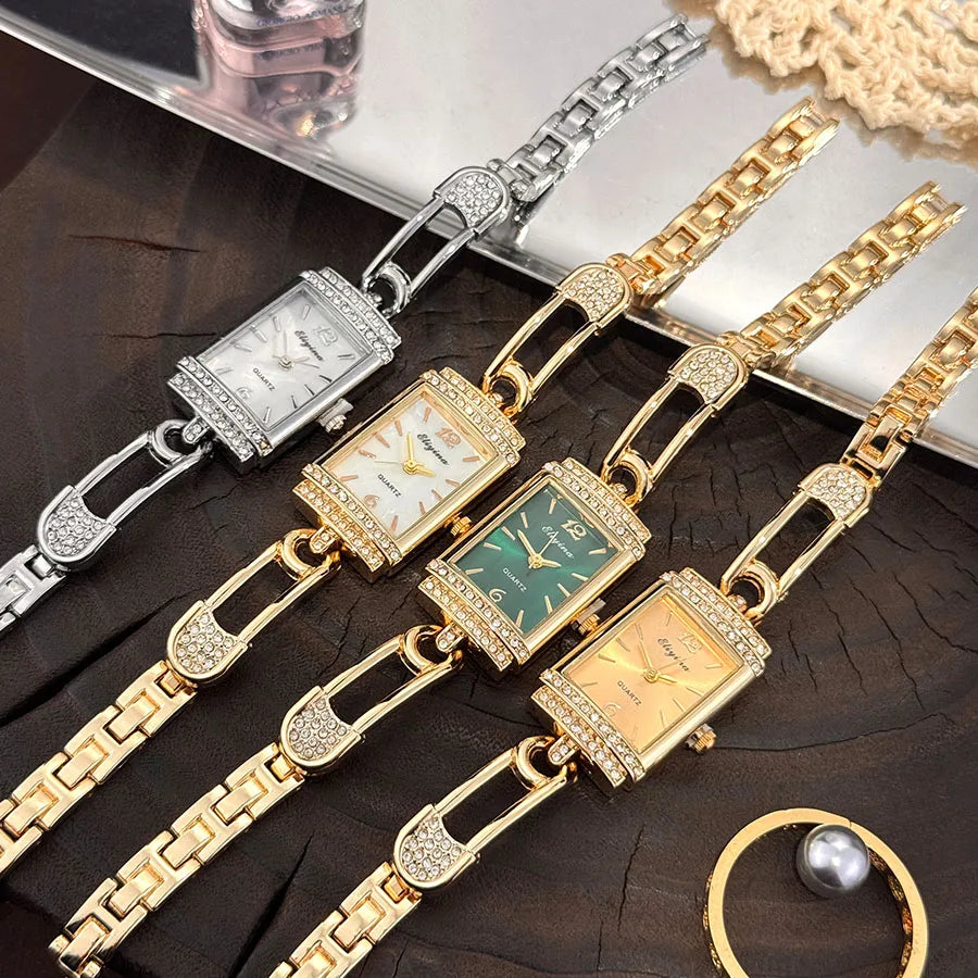 Ladies Fashion Quartz Watch with Diamond-Encrusted Pin Buckle Rectangular Case Popular Cross-Border Sale Elegant Timepiece