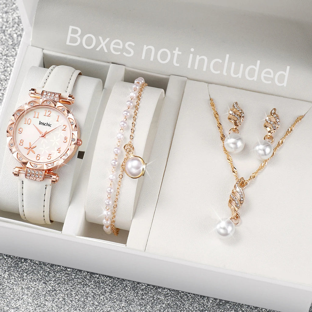 5/6PCS Fashion Rhinestone Women Watches Casual Leather Band Quartz Watch for Women Clock Jewelry Set Reloj Mujer（Without Box）
