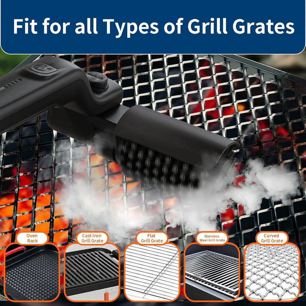 Built-in 4000mAh rechargeable battery with 3 adjustable speed modes. The rotating cleaning head delivers powerful scrubbing force to remove burnt grease, charred residue and food debris on grills without strenuous manual brus