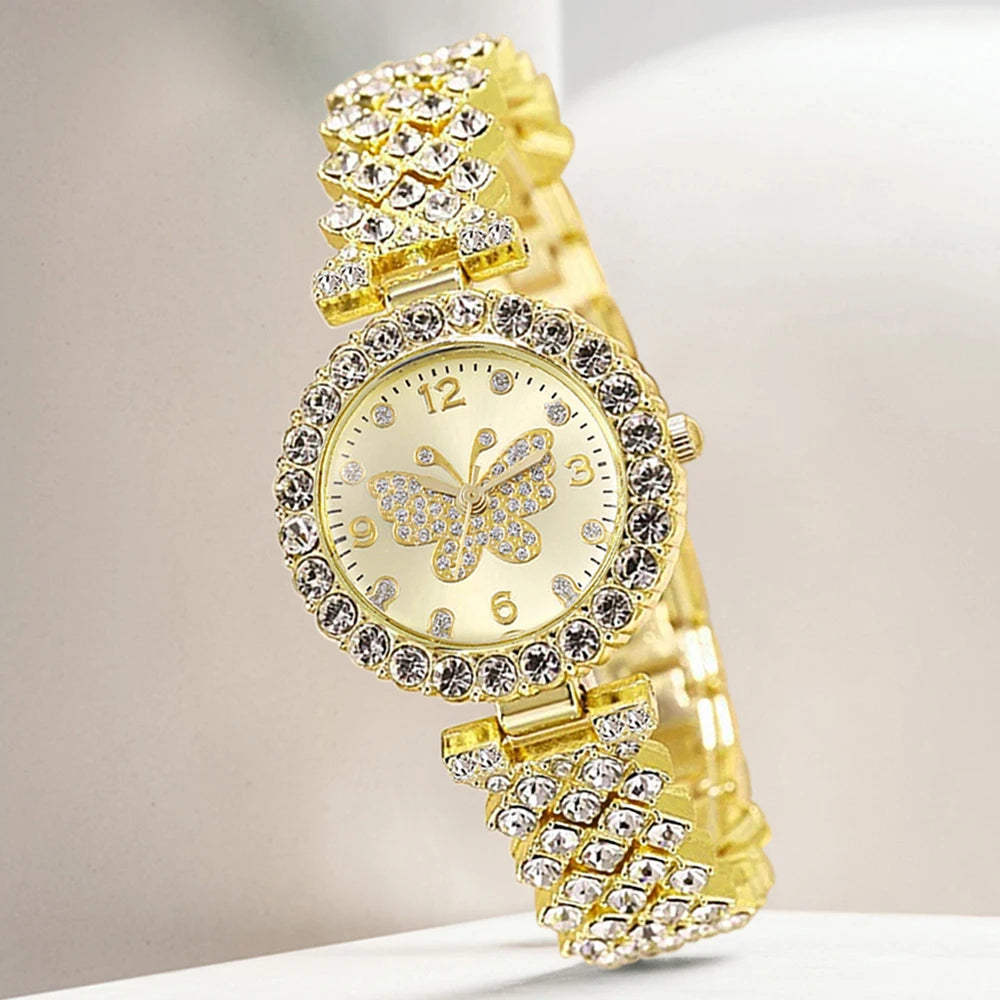 5Pcs/Set Butterfly Unisex Jewelry Watches Women's Wristwatch Accessories Gold Fashion Business Elegant Classic Exquisite Retro Light Luxury Rhinestone Luxury Bracelet Watch Set Y2K Suitable for Daily Outfits and Our Holiday G