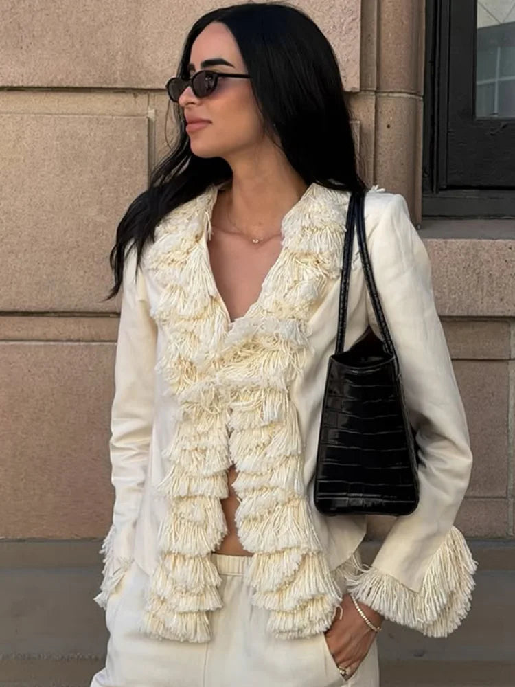 Fashion Solid Blended Women's Jacket Irregular Tassel Decoration Open Front Long Sleeves Loose Chic 2026 Autumn New Street Wear