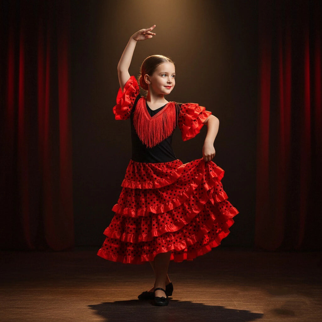 Girls Spanish Flamenco Dress Red Polka Dot Cake Puff Kids Carnival Halloween Party Stage Show Cosplay Festival Dance Costume