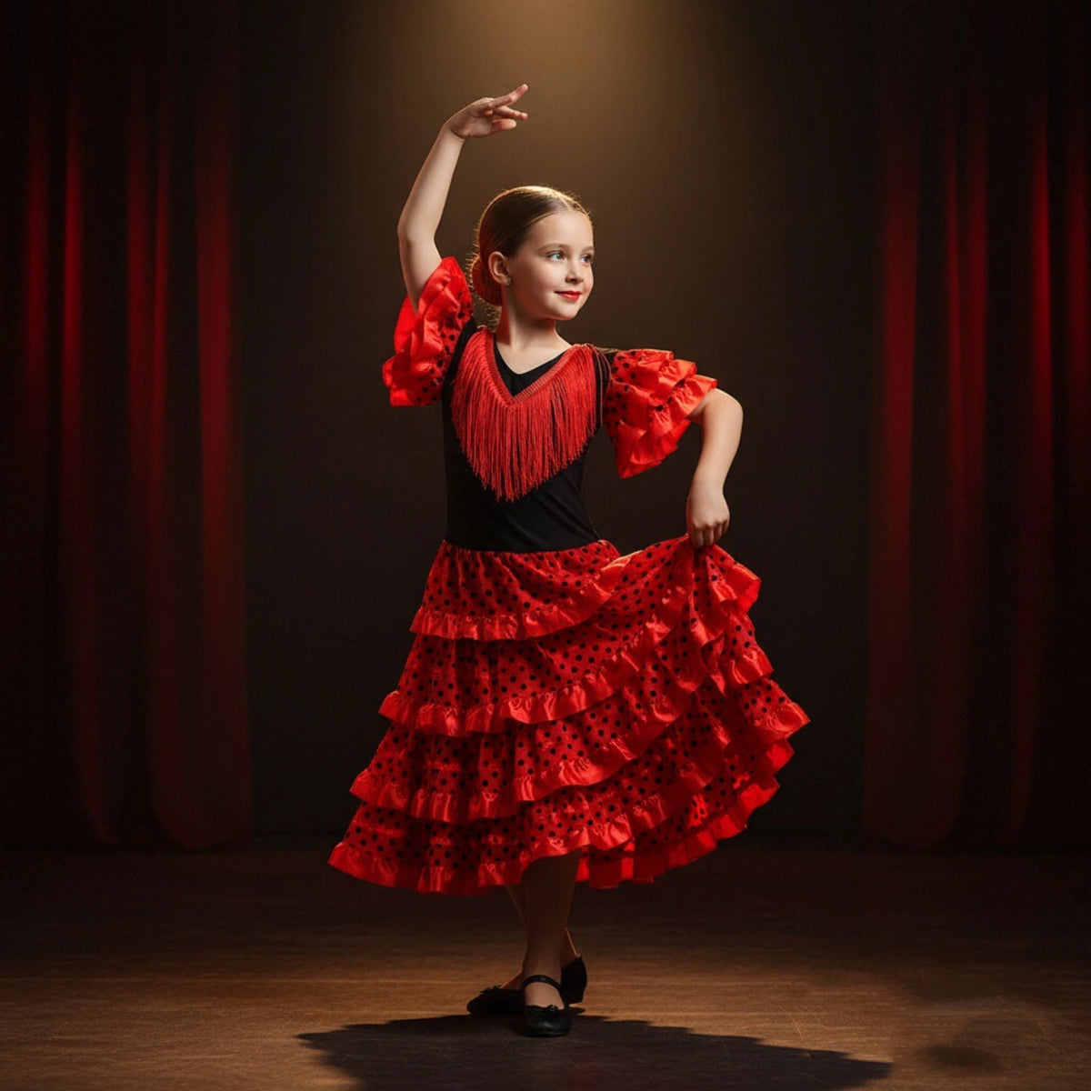 Girls Spanish Flamenco Dress Red Polka Dot Cake Puff Kids Carnival Halloween Party Stage Show Cosplay Festival Dance Costume