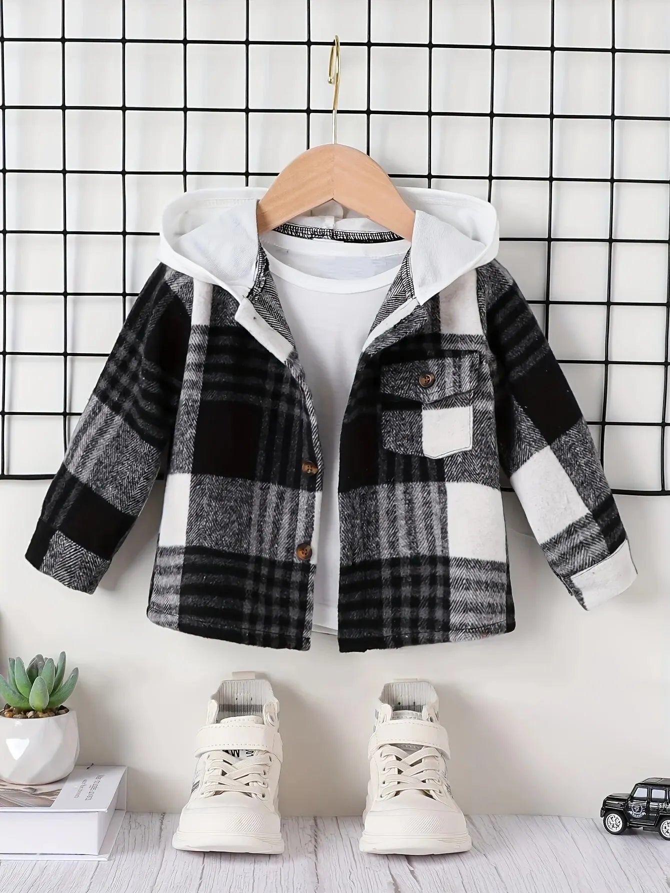 Autumn and Winter English Style Baby Boy Plaid Jacket Outdoor Casual Fashion Foreign Warm New Street Hooded Pocket Coat