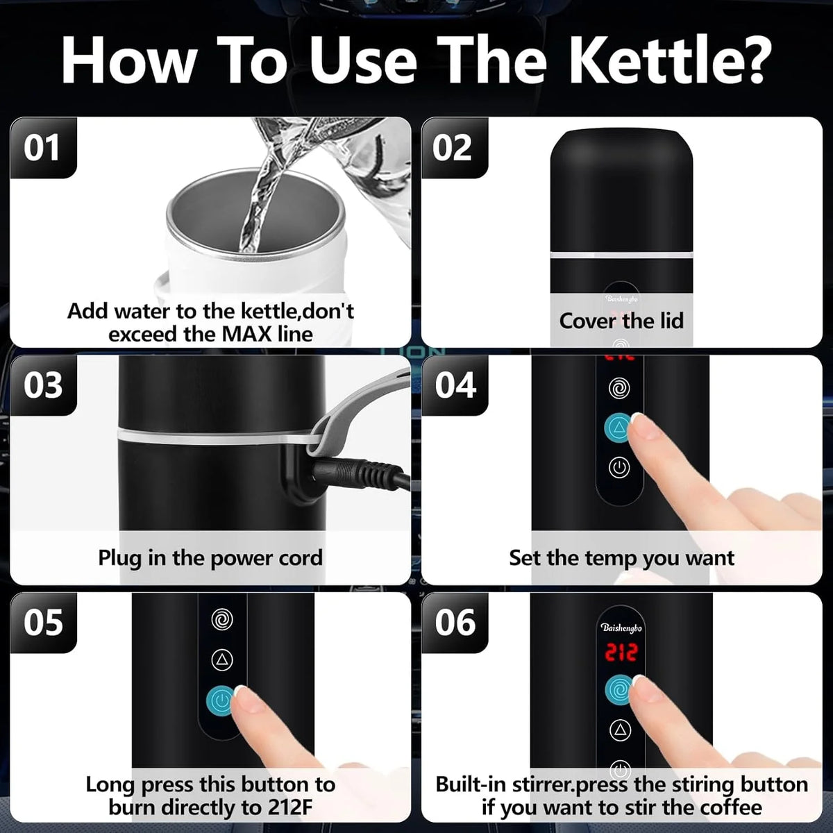 420ml Portable Car Heating Cup Electric Kettle 304 LED Smart Temperature Control Warmer Stirring Cup Heating Bottle Mixing Cup