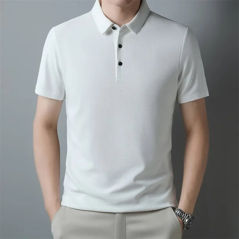 New Men's Casual Waffle Short Sleeve Polo Shirt Fashion Solid Color Top