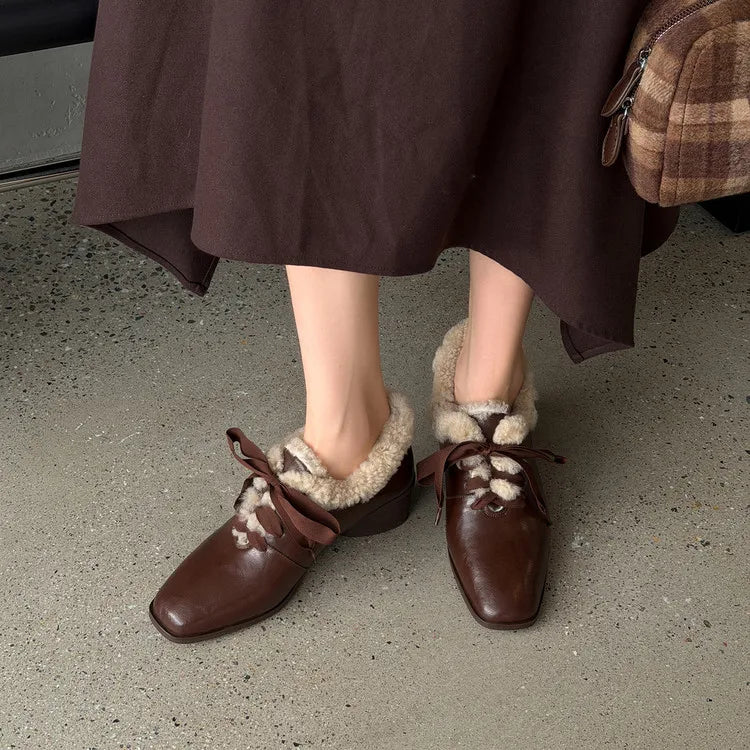 2026 New Autumn Winter Split Leather Women Shoes Fashion Retro Square Toe Shoes for Women Handmade Mid Heels Warm Women Pumps