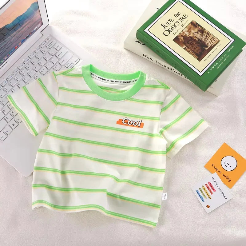 Children's Short-Sleeved Boys Girls 2024 Summer New Striped T-Shirt Baby Thin Section Half-Sleeved Bottoming Shirt Casual Wear