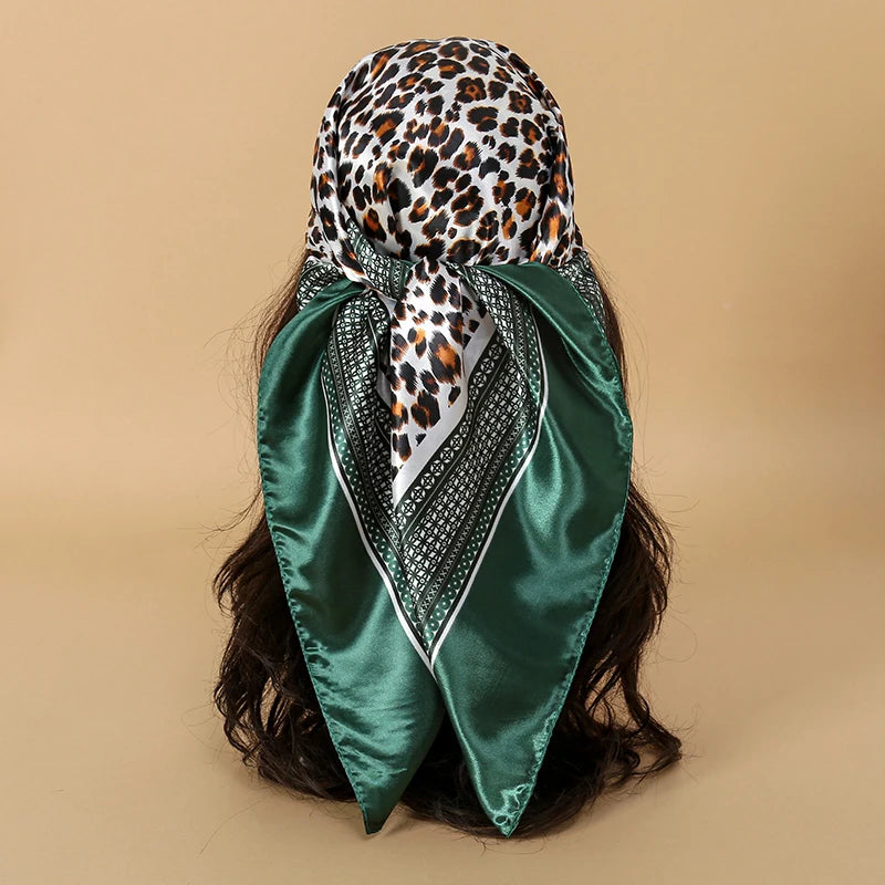 Leopard Square Silk Scarf Women Luxury Brand Satin Print Hijab Scarves Pareo Bandana Female Shawl Wrap Headband Foulard 90*90cm