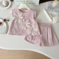 Children's Suit For Girls Summer Cute Three Flowers Short Sleeve Tshirt + Shorts 2 PC Sets Casual Outfit Baby Kids Clothing ﻿