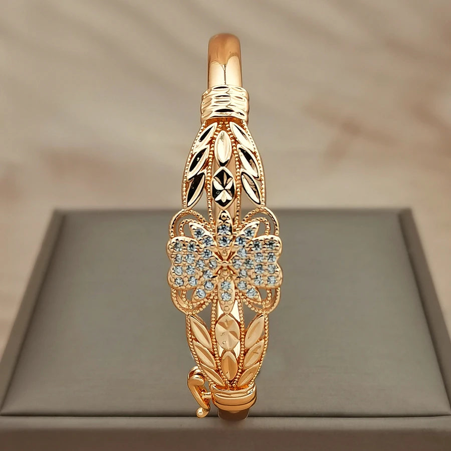 1Pcs Women's Gold Plated Flower Zircon Bangle, Hollow Filigree Design, Elegant Statement Bracelet for Daily Wear