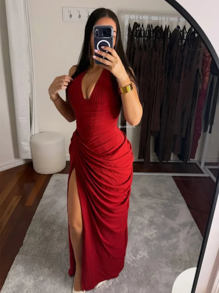 Elegant Yellow Strapless Pleated Long Dress Women Chic Solid Sleeveless Waist Cinching Split Gown 2026 Lady Evening Party Robes