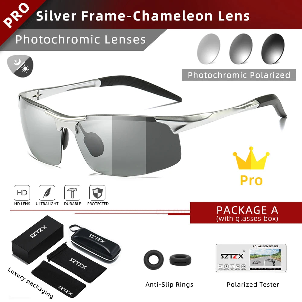 SZTZX Aluminium Rimless Outdoor Sport Photochromic Sunglasses Men Polarized  Anti-UV Driving Fishing Glasses Cycling Goggle