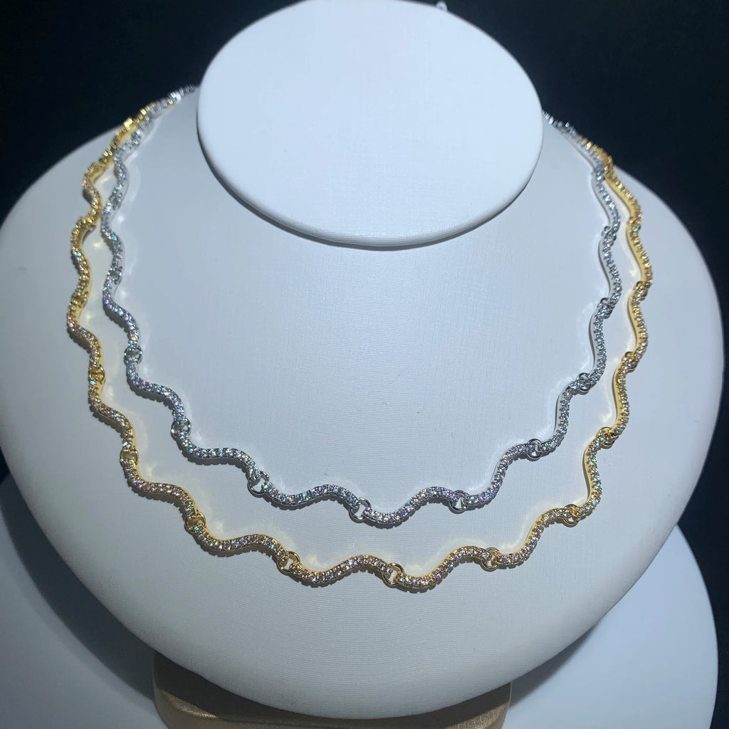 Micro Paved Sparking 5A CZ Fashion Women Choker Geometric Curved Bar Wave Charm Necklace