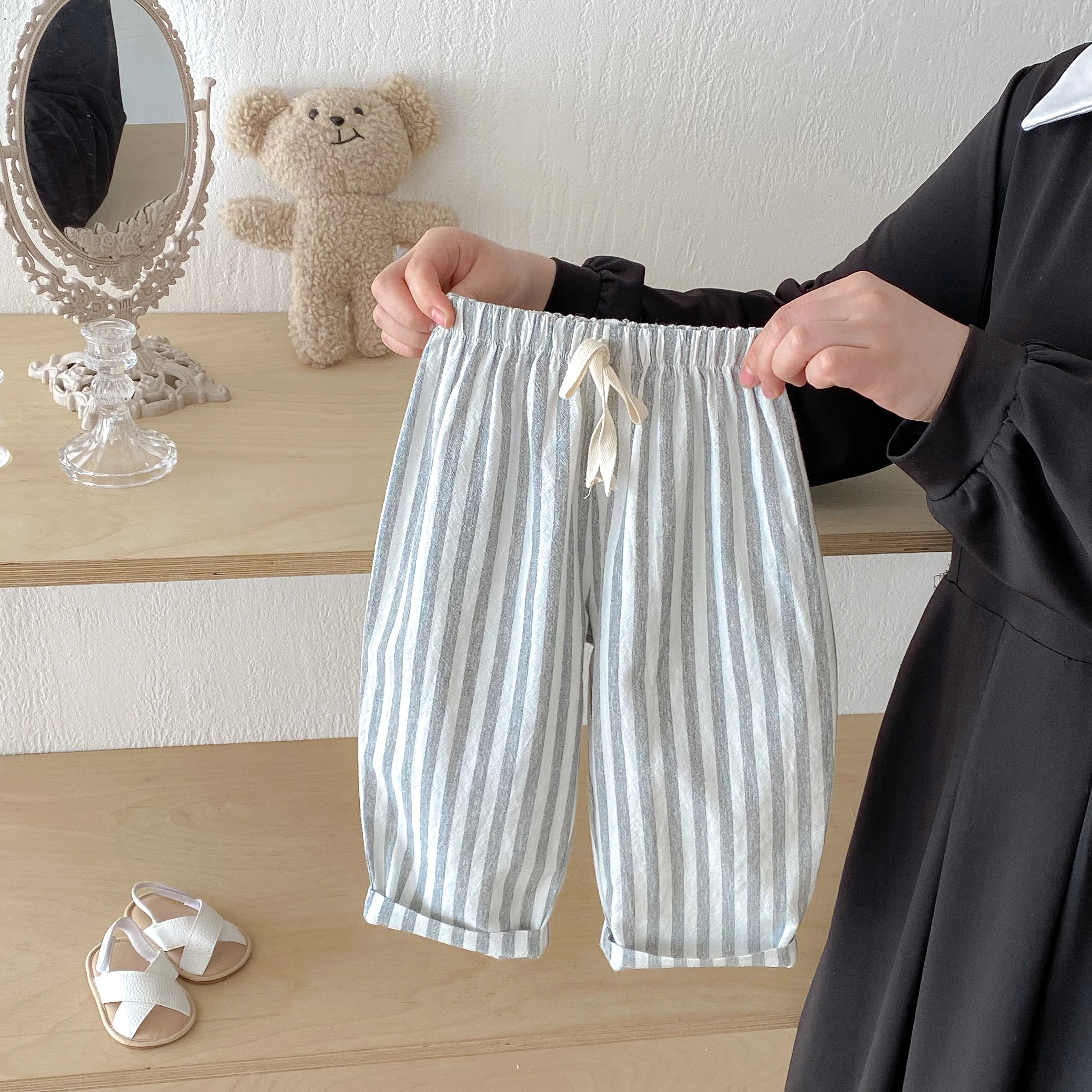 Vintage Linen Cotton Stripe Pants for Boys Casual Pocket Design Elastics Waist Pants for Toddler Girl Clothing Children Trousers