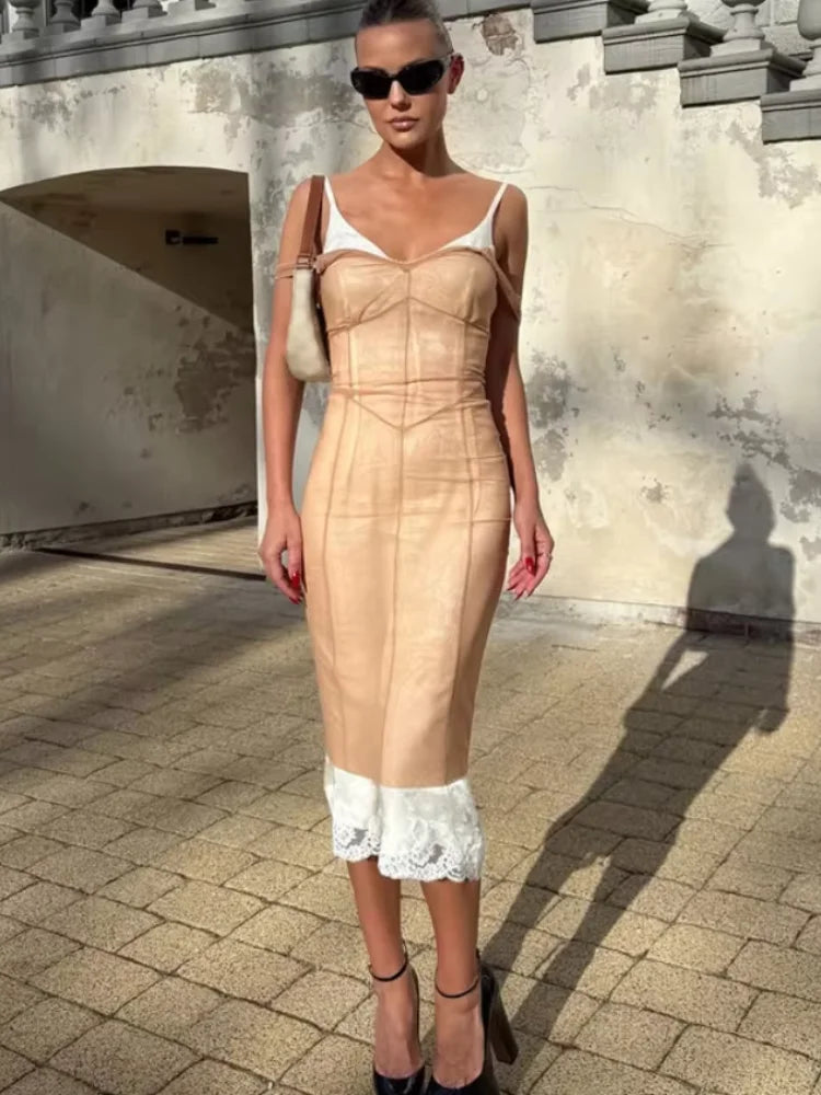 Sexy Nude Fishbone V-neck Dress Women Elegant Sleeveless Pleated Slim Waist-cinching Gown 2026 Summer Party Casual Streetwear